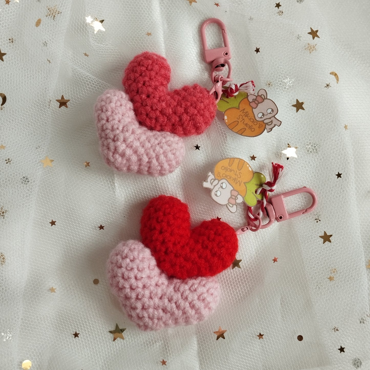 [Crochet] Double Hearts Keychain